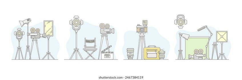 Movie Production and Filmmaking or Motion Picture Record Line Vector Set