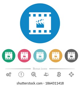 Movie production flat white icons on round color backgrounds. 6 bonus icons included.