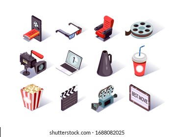 Movie production isometric icons set. Filmmaking industry, video camera, clap board, cinema strip and megaphone. Cinema entertainment, popcorn, online ticket, soda and 3d glasses 3d vector isometry.