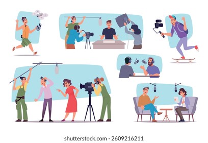 Movie production. Media assistants and professional cameraman videographers sound producers exact vector video production team