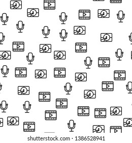 Movie Production Microphone Timer Seamless Pattern. Film Frame Play Icon for Abstract Vector Texture Concept. Television Countdown For Cinematography Industry Outline Symbol Illustration