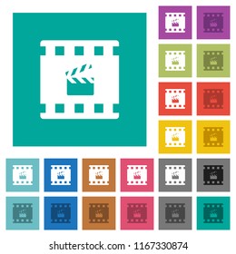 Movie production multi colored flat icons on plain square backgrounds. Included white and darker icon variations for hover or active effects.