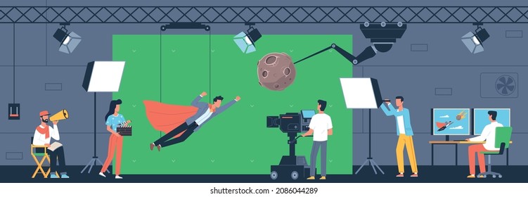 Movie production process. Actor action on green screen, shooting movie scene, cinema artist, film crew, director and operator with professional equipment, vector isolated concept