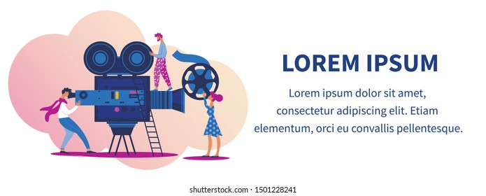 Movie Production Process with Actors and Staff Making Cinema. Operator Shooting Film on Videocamera, Woman Holding Film Reel. Moviemaking Industry Cartoon Flat Vector Illustration, Horizontal Banner