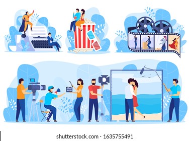 Movie production process from screenplay writing to cinema, vector illustration. Set of stickers in modern flat style, film crew cartoon characters. Movie making industry, director and film actors