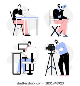 Movie production profession set. Screenwriter writes script. Film director with megaphone manages film making. Video editor works at computer. Videographer shoots video. Vector character illustration
