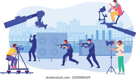 Movie production scene. Actors and crew on cinema shooting stage isolated on white background