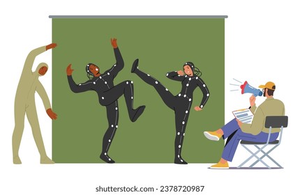 Movie Production Scene. Film Making Process with Crew Character Making Movie. Director with Loudspeaker, and Actors Playing Role at Green Chroma Key Backdrop. Cartoon People Vector Illustration