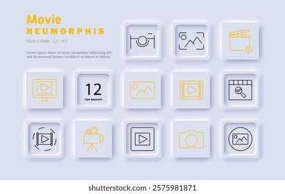 Movie production set icon. Screen, clapperboard, photography, video player, editing, image gallery, filmmaking, directing, recording, shooting, media content