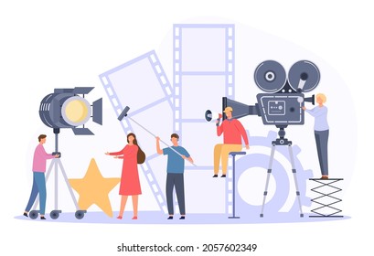 Movie production team shooting film actor on camera. Flat cinema director and crew record video scene. Movie making industry vector concept. Professional staff with equipment, backstage