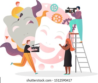 Movie production vector illustration, Huge tragedy and comedy masks and tiny characters in studio shooting film. Cinematography, movie industry, filmmaking concept for web banner, website page etc.