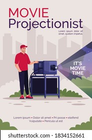 Movie Projectionist Poster Template. Camera Man For Open Air Film Festival. Commercial Flyer Design With Semi Flat Illustration. Vector Cartoon Promo Card. Outdoor Cinema Advertising Invitation