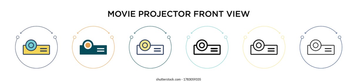 Movie projector front view icon in filled, thin line, outline and stroke style. Vector illustration of two colored and black movie projector front view vector icons designs can be used for mobile,
