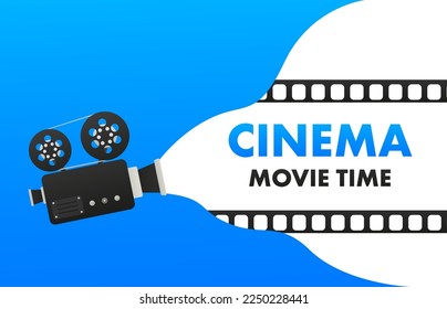 Movie projector, Retro cinema. Cinematography festival. Movie time. Video icon. Film making industry. Cinematography and filmmaking equipment. Film design element. Movie tape. Vector illustration