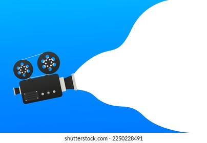 Movie projector, Retro cinema. Cinematography festival. Movie time. Video icon. Film making industry. Cinematography and filmmaking equipment. Film design element. Movie tape. Vector illustration