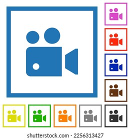 Iconos de color plano sólido del proyector de película en marcos cuadrados con fondo blanco