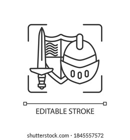 Movie Props Linear Icon. Film Production Items. Movie Making Equipment. Theatrical Property. Thin Line Customizable Illustration. Contour Symbol. Vector Isolated Outline Drawing. Editable Stroke