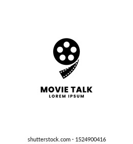 Movie quote talk vector logo design. Film roll illustration with speech mark message concept graphic template.