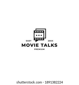 Movie quote talk vector logo design. Film roll strip with speech mark message concept graphic template for digital movie, streaming and tv company