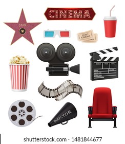 Movie realistic. Cinema objects camera camcorder film tape clapperboard vector collection