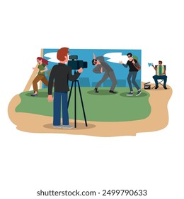movie recording concept with actors, director and camera. Cinema or soap opera. vector illustration.