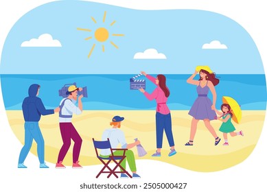 Grabación de películas en la playa de verano. Escena de producción cinematográfica. Ilustración vectorial