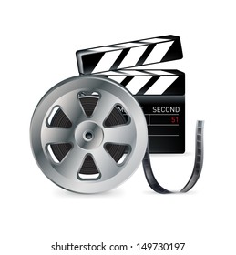 movie reel and clapper isolated on white background