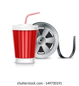 movie reel and cola glass with straw isolated