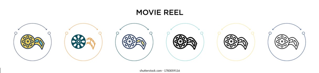 Movie reel icon in filled, thin line, outline and stroke style. Vector illustration of two colored and black movie reel vector icons designs can be used for mobile, ui, web