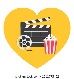 Movie reel Open clapper board Popcorn box. Cinema icon set. Heart shape. I love movie. Flat design style. White background. Isolated. Vector illustration