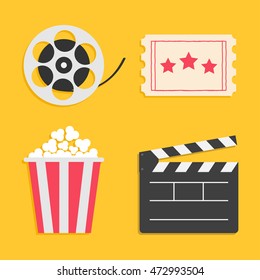 Movie reel Open clapper board Popcorn Ticket Cinema icon set. Flat design style. Yellow background. Vector illustration