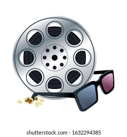 movie reel tape with 3d glasses over white background, vector illustration