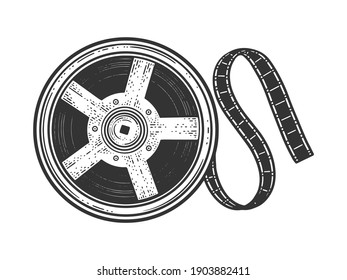 movie reel with tape sketch engraving vector illustration. T-shirt apparel print design. Scratch board imitation. Black and white hand drawn image.