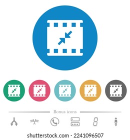 Movie resize small flat white icons on round color backgrounds. 6 bonus icons included.