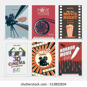Movie retro posters and flyers set. Vintage cinema promotional printing collection. Can be used for ad, banner, we design. Layout template in A4 size.