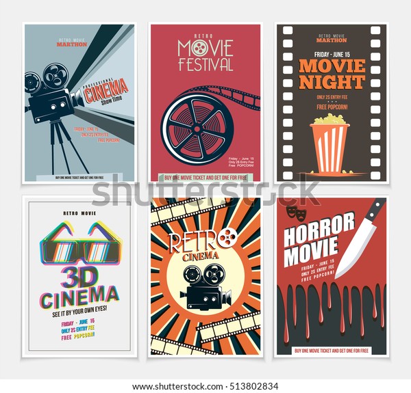 Movie retro posters and flyers set. Vintage\
cinema promotional printing collection. Can be used for ad, banner,\
we design. Layout template in A4\
size.