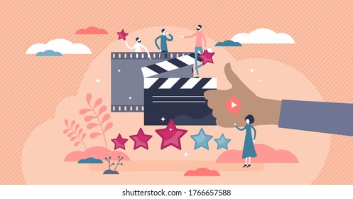 Movie review as cinema film feedback criticism in flat tiny persons concept vector illustration. Stars rating vote after entertainment watching. Theater content critical appraisal and result comment. svg