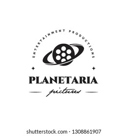 movie roll cinema as planet with rings logo icon vector template