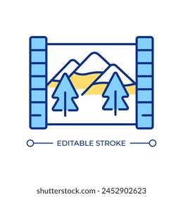 Movie scene RGB color icon. Film strip. Nature documentary. Mountain landscape. Movie production. Film industry. Isolated vector illustration. Simple filled line drawing. Editable stroke