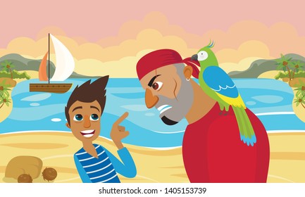 Movie Scene Scared Guy Speaking with Angry Bearded Grinning Teeth Pirate with Parrot on Shoulder on Tropical Landscape Seaside Background. Adventure Film Actor, Cinema Cartoon Flat Vector Illustration