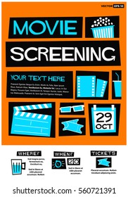 Movie Screening Event Poster (Flat Style Vector Illustration Quote Design) Invitation with Venue and Time Details