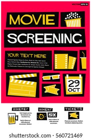 Movie Screening Event Poster (Flat Style Vector Illustration Quote Design) Invitation with Venue and Time Details