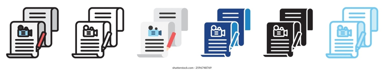 Movie Script multi style, mini illustration icon set. outline, flat, glyph, line color, UI, UX, app and web, digital or print. related to movie, cinema, entertainment.
