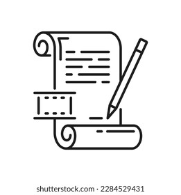 Movie script paper document and pen signature sign. Vector screenplay writing thin line scenario, filmmaking outline icon. Movie video production scenery