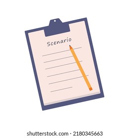 Movie scripts icon. Screenplay writing.  Scenario with pencil. Colored flat vector cartoon illustration.