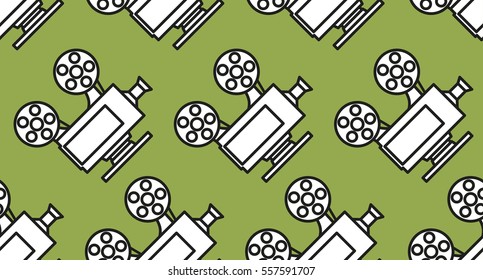 Movie seamless pattern with cinema camera projector on green background