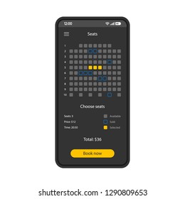 Movie seats booking smartphone interface vector template. Mobile app page black design layout. Cinema, concert tickets purchase screen. Flat UI for application. Online places reservation phone display