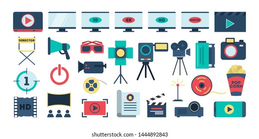 Movie set. Collection of equipment for film shooting. Camera and empty director chair, megaphone and lighting. Isolated vector illustration in cartoon style