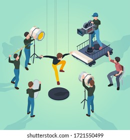 Movie Set. Film Makers Director Actors And Technical Staff Working Video Production Process Cameras Technic Vector Isometric