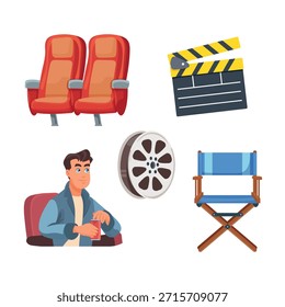 Conjunto de filmes. Clipart de vetor plano, ilustração com plano de fundo isolado.